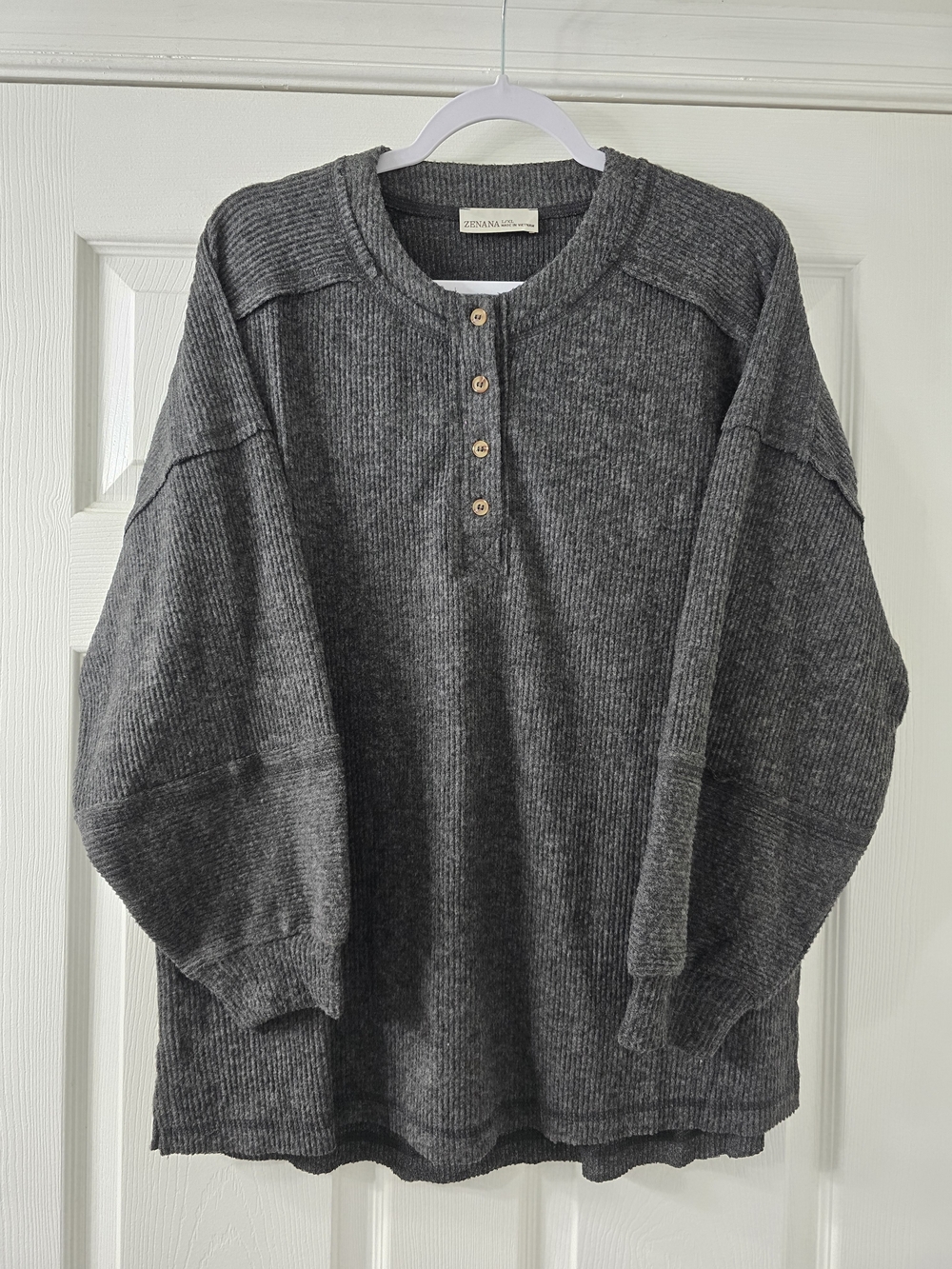 Zenana Charcoal Ribbed Brushed Hacci Melange Henley Crewneck Sweater - L/XL
